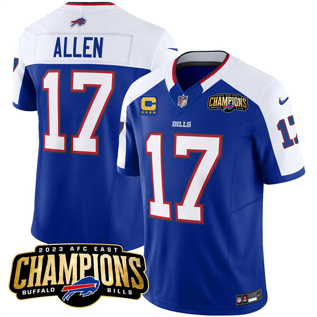 Men's Buffalo Bills #17 Josh Allen Blue/White 2023 F.U.S.E. AFC East Champions With 4-star C Ptach Football Stitched Jersey
